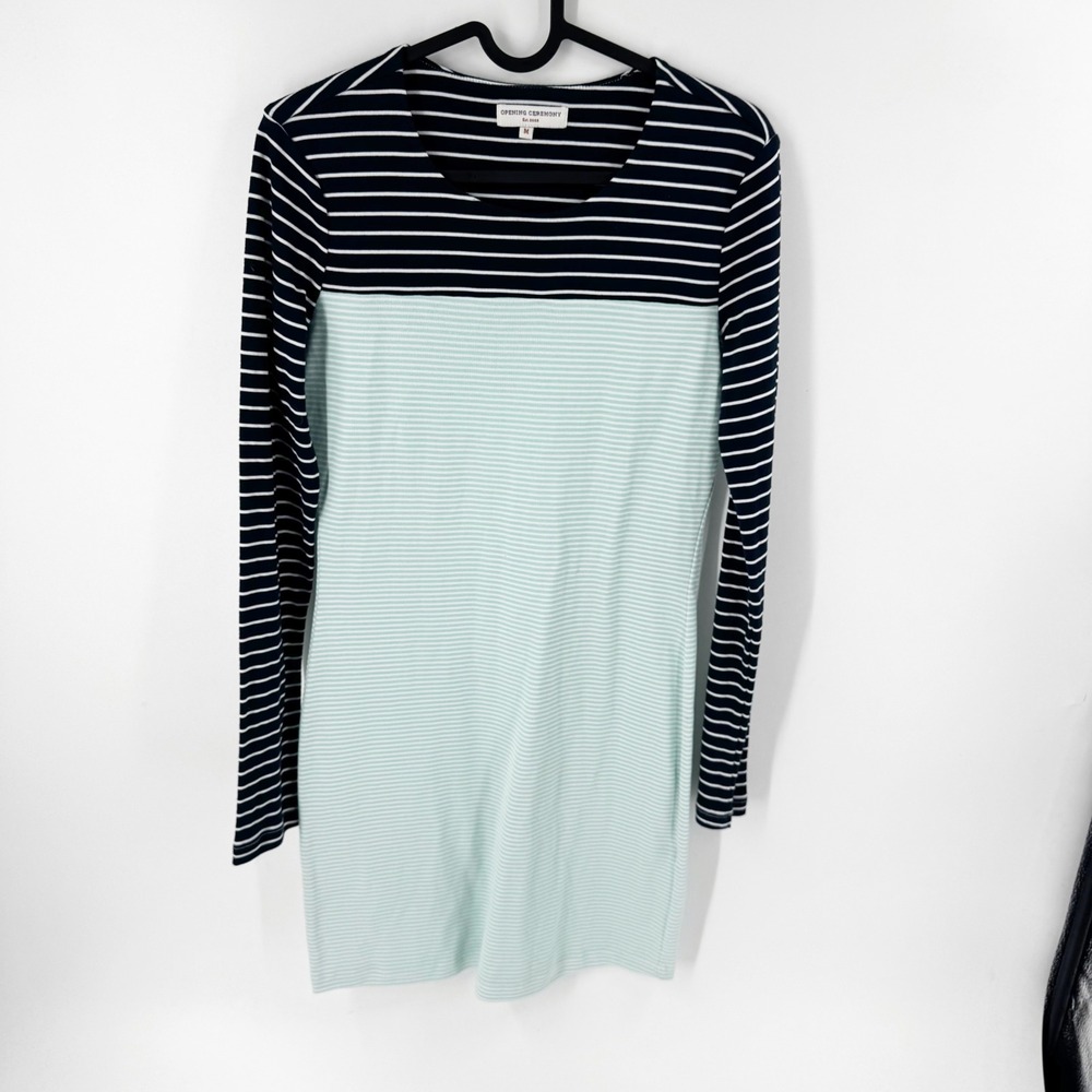 Opening Ceremony Womens Striped Colorblock Long Sleeve Mini Dress Navy Mint M
